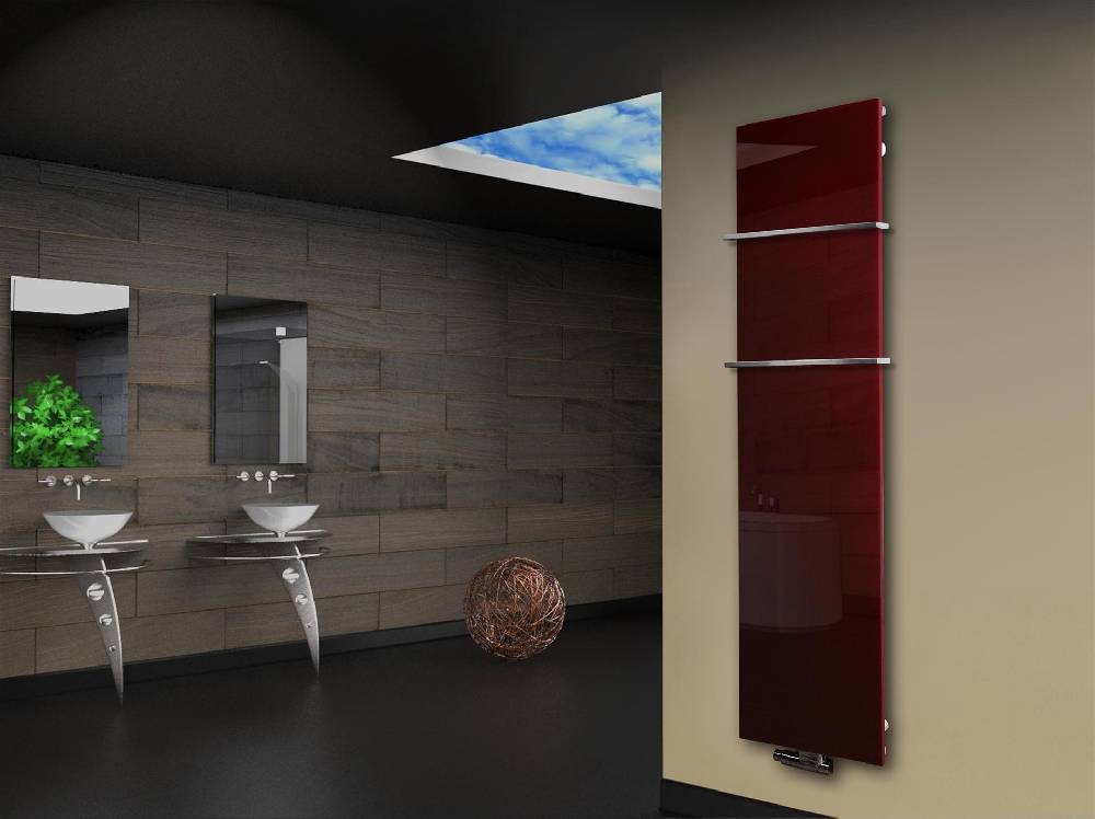 Szagato Badheizkörper mit Glas Design Montevideo 3 Glasfront 180x47cm 1118Watt rot +2 Halter 15mm SZAGATO Designheizkörper Handtuchheizkörper Mittelanschluss Schlussverkauf