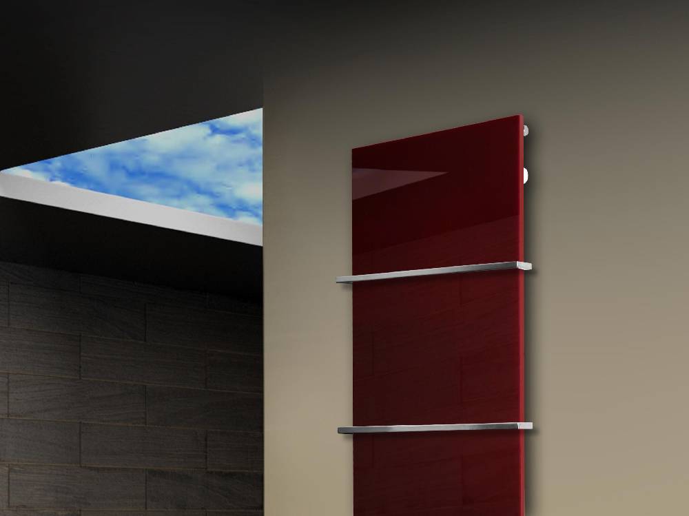 Szagato Badheizkörper mit Glas Design Montevideo 3 Glasfront 180x47cm 1118Watt rot +2 Halter 15mm SZAGATO Designheizkörper Handtuchheizkörper Mittelanschluss Schlussverkauf