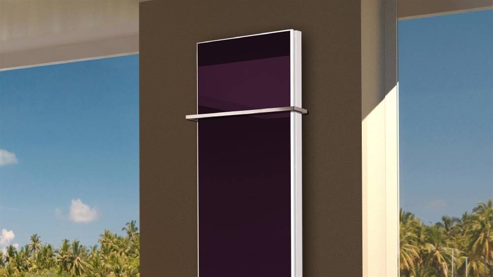 Szagato BADHEIZKÖRPER mit Glas Montevideo 6 Glasfront 180x47cm 1964 Watt violett +1 Halter 15mm SZAGATO Designheizkörper Handtuchheizkörper Mittelanschluss Saisonschlussverkauf