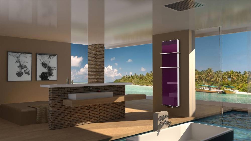 Szagato BADHEIZKÖRPER mit Glas Montevideo 6 Glasfront 180x47cm 1964 Watt violett +2 Halter 15mm SZAGATO Designheizkörper Handtuchheizkörper Mittelanschluss Black Friday