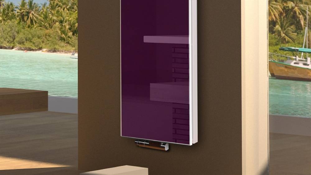 Szagato BADHEIZKÖRPER mit Glas Montevideo 6 Glasfront 180x47cm 1964 Watt violett +2 Halter 15mm SZAGATO Designheizkörper Handtuchheizkörper Mittelanschluss Black Friday