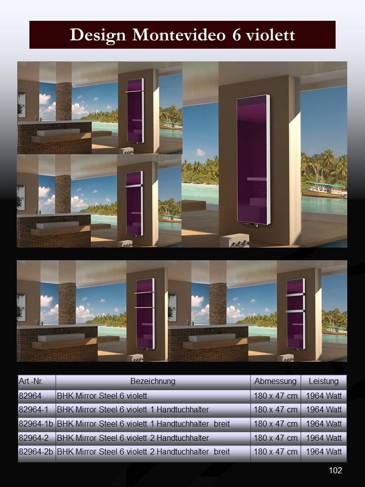Szagato BADHEIZKÖRPER mit Glas Montevideo 6 Glasfront 180x47cm 1964 Watt violett SZAGATO Designheizkörper Handtuchheizkörper Mittelanschluss Handtuchwärmer Cyber Monday