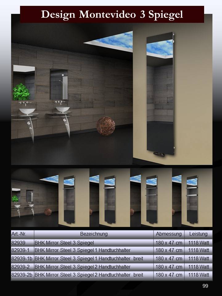 Szagato Badheizkörper mit Spiegel Design Montevideo 3 Spiegelfront 180x47cm 1118 Watt Spiegel SZAGATO Handtuchheizkörper mit Mittelanschluss Handtuchwärmer Super Rabatt