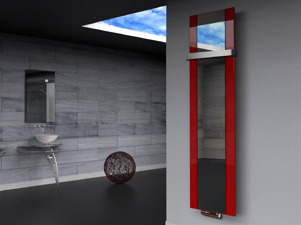 Szagato BADHEIZKÖRPER mit Spiegel Design Singapur 3 180x47cm 1118 Watt rot (+1 Halter 50mm) SZAGATO Designheizkörper mit Mittelanschluss Handtuchwärmer Fabrik Onlineshop