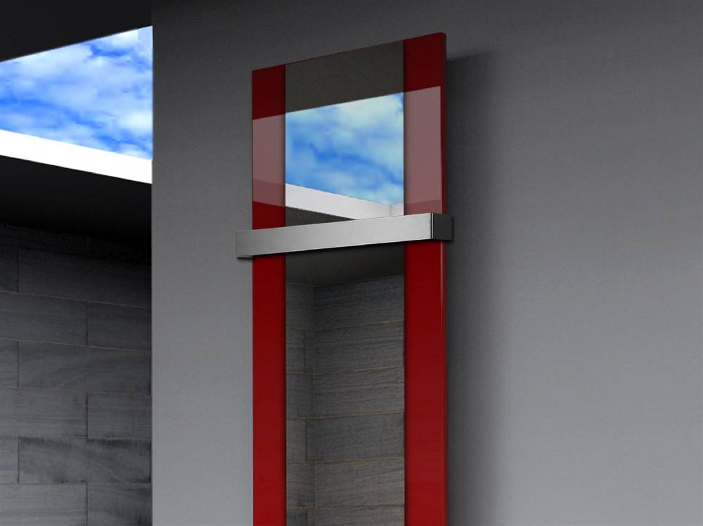 Szagato BADHEIZKÖRPER mit Spiegel Design Singapur 3 180x47cm 1118 Watt rot (+1 Halter 50mm) SZAGATO Designheizkörper mit Mittelanschluss Handtuchwärmer Fabrik Onlineshop