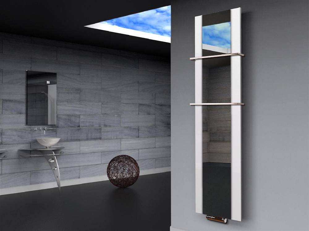 Szagato BADHEIZKÖRPER mit Spiegel Design Singapur 3 180x47cm 1118 Watt weiß (+2 Halter 15mm) SZAGATO Designheizkörper mit Mittelanschluss Handtuchwärmer