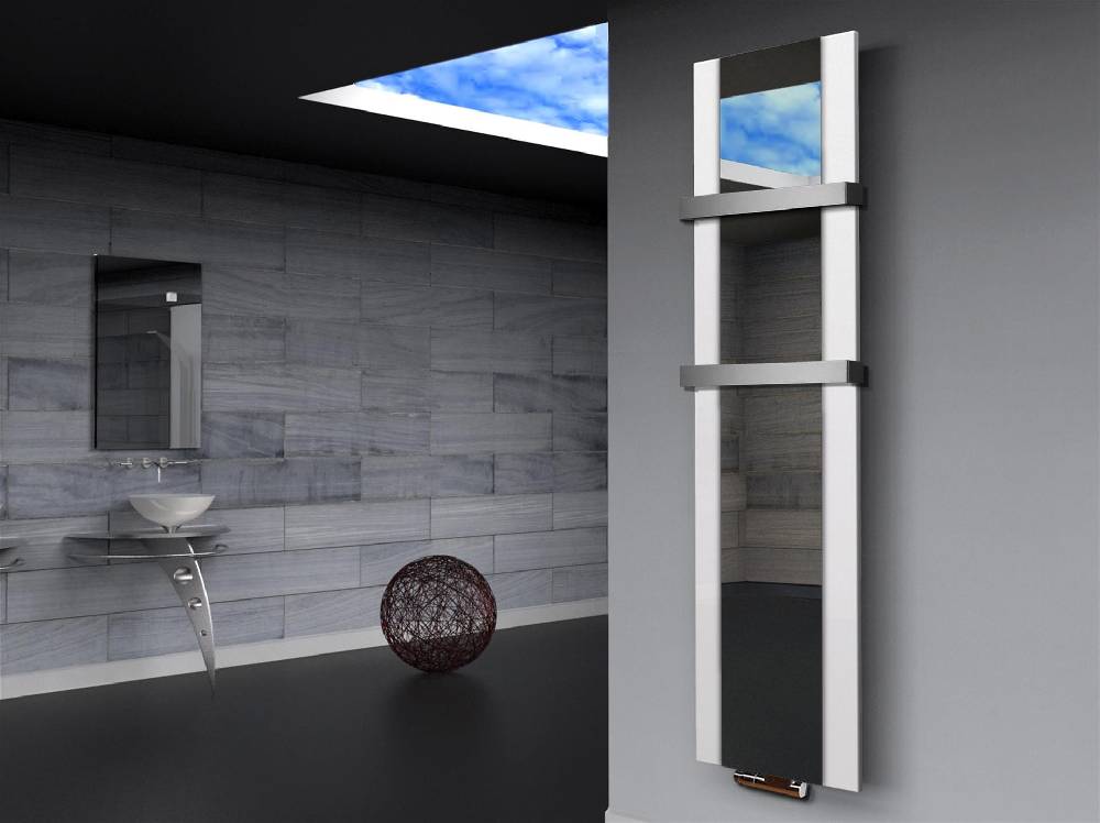 Szagato BADHEIZKÖRPER mit Spiegel Design Singapur 3 180x47cm 1118 Watt weiß (+2 Halter 50mm) SZAGATO Designheizkörper mit Mittelanschluss Handtuchwärmer