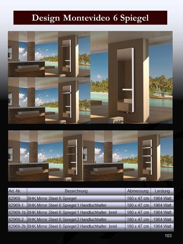 Szagato BADHEIZKÖRPER mit Spiegel Montevideo 6 180x47cm 1964 Watt Spiegel SZAGATO Designheizkörper Handtuchheizkörper mit Mittelanschluss Handtuchwärmer Lagerräumung