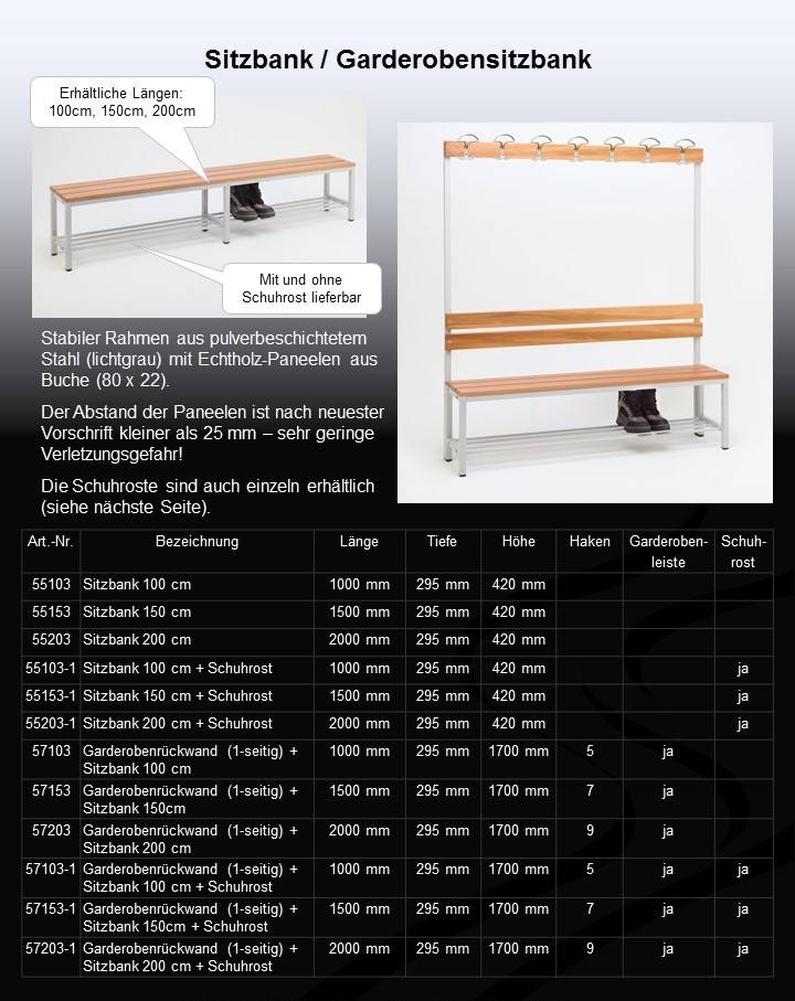 Szagato Garderobenbank mit Haken 1-seitig HxBxT 170x100x30cm Marke SZAGATO Umkleidebank Umkleide Sitzbank Garderobe mit Sitzbank Garderoben Bank Online Outlet
