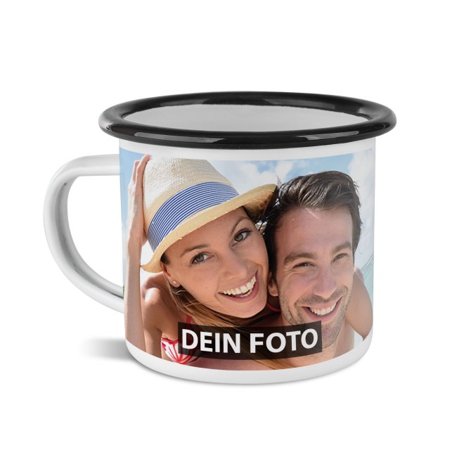 Tassendruck Emailletasse weiß Rand schwarz - 300 ml