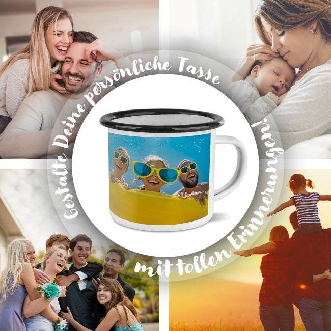 Tassendruck Emailletasse weiß Rand schwarz - 300 ml Kostenlose Rückgabe