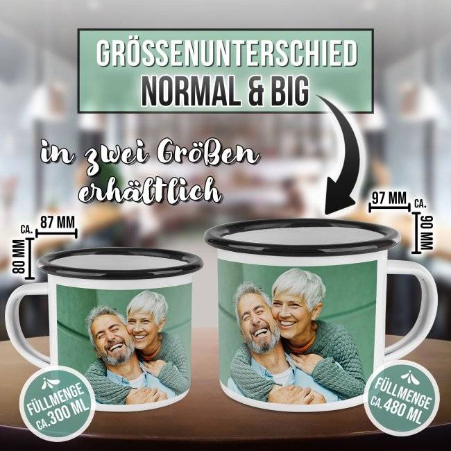 Tassendruck Emailletasse weiß Rand schwarz - 300 ml Kostenlose Rückgabe