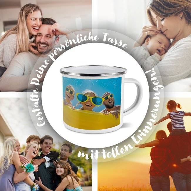 Tassendruck Emailletasse weiß Rand silber - 300 ml Begrenzte Freigabe