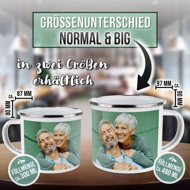Tassendruck Emailletasse weiß Rand silber - 300 ml Begrenzte Freigabe