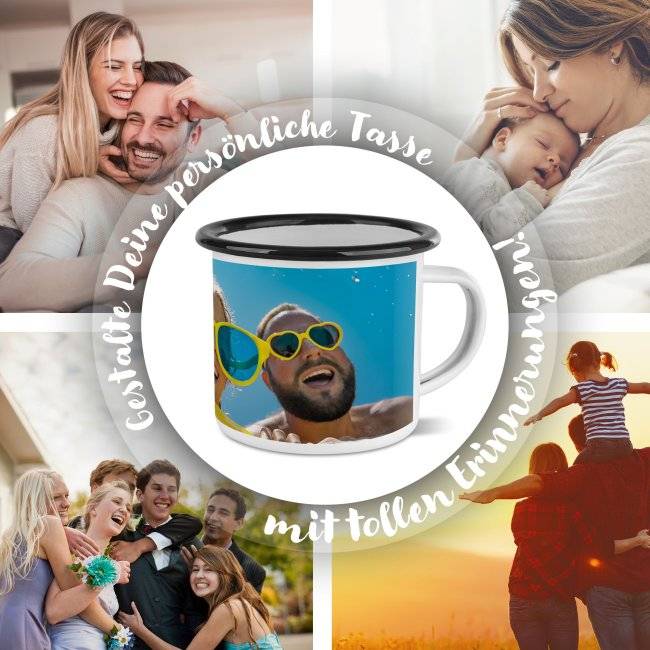 Tassendruck Große Emailletasse weiß Rand schwarz - 480 ml Letzte 3 Tage
