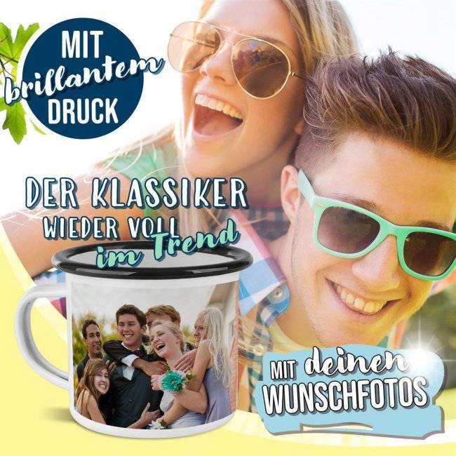 Tassendruck Große Emailletasse weiß Rand schwarz - 480 ml Letzte 3 Tage