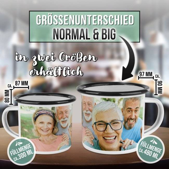 Tassendruck Große Emailletasse weiß Rand schwarz - 480 ml Letzte 3 Tage