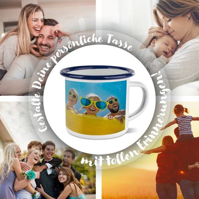 Tassendruck Emailletasse weiß Rand blau - 300 ml Neueste Stile