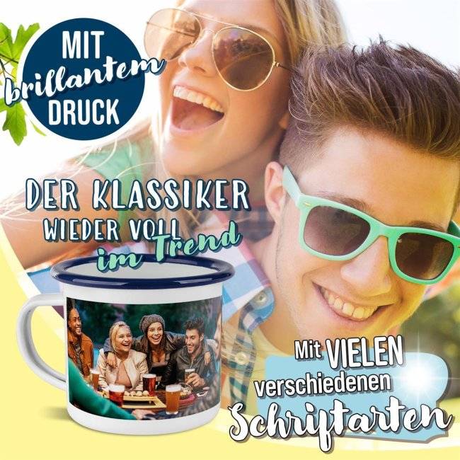 Tassendruck Emailletasse weiß Rand blau - 300 ml Neueste Stile