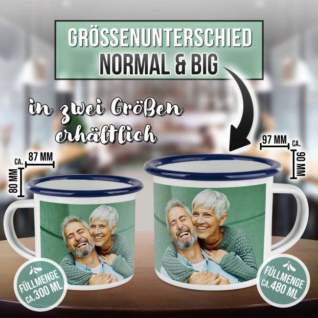 Tassendruck Emailletasse weiß Rand blau - 300 ml Neueste Stile
