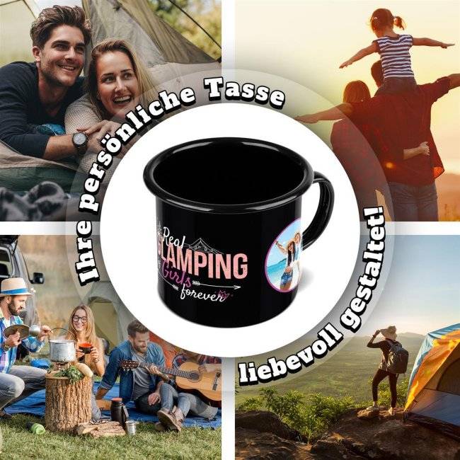 Tassendruck Emaille- in schwarz mit Spruch - Glamping Girls - mit 2 Fotos gestalten Letzter Tag