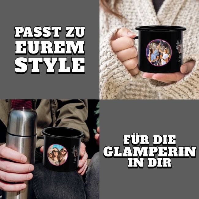 Tassendruck Emaille- in schwarz mit Spruch - Glamping Girls - mit 2 Fotos gestalten Letzter Tag