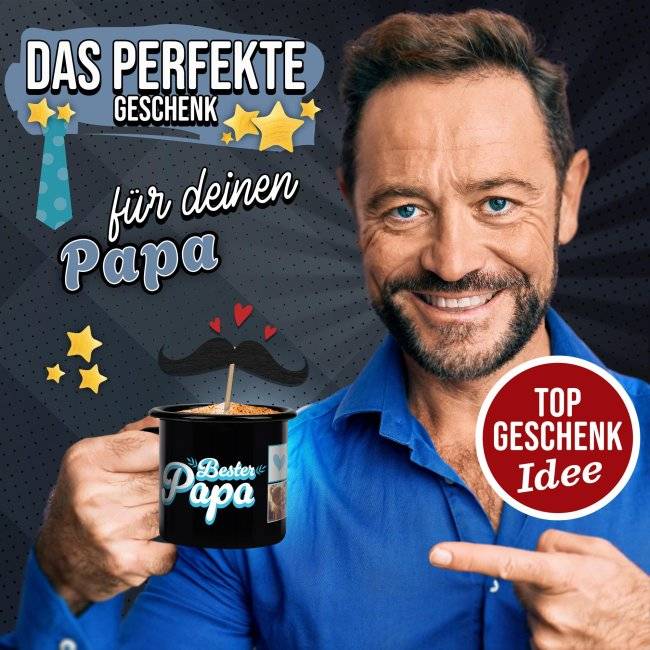 Tassendruck Emaille- schwarz - Bester Papa - mit drei Fotos Zeitbegrenzte Promotion