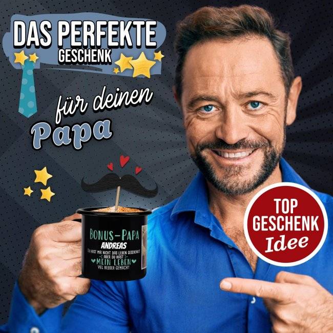 Tassendruck Emaille- schwarz - für den Bonuspapa mit Foto und Name Bis zu 65% Rabatt