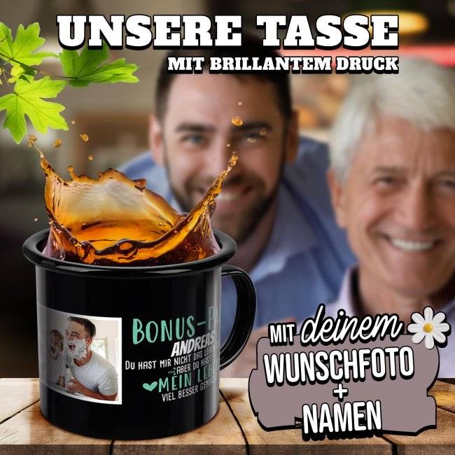 Tassendruck Emaille- schwarz - für den Bonuspapa mit Foto und Name Bis zu 65% Rabatt