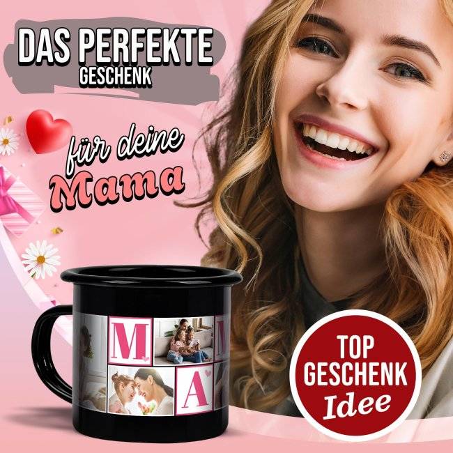 Tassendruck Emaille- schwarz - Mama - mit sechs Fotos bedruckt Nur für heute