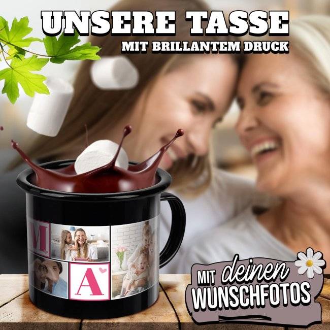 Tassendruck Emaille- schwarz - Mama - mit sechs Fotos bedruckt Nur für heute