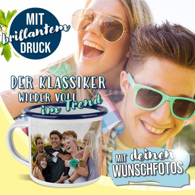 Tassendruck Große Emailletasse weiß Rand blau - 480 ml Sonderangebot der Fabrik