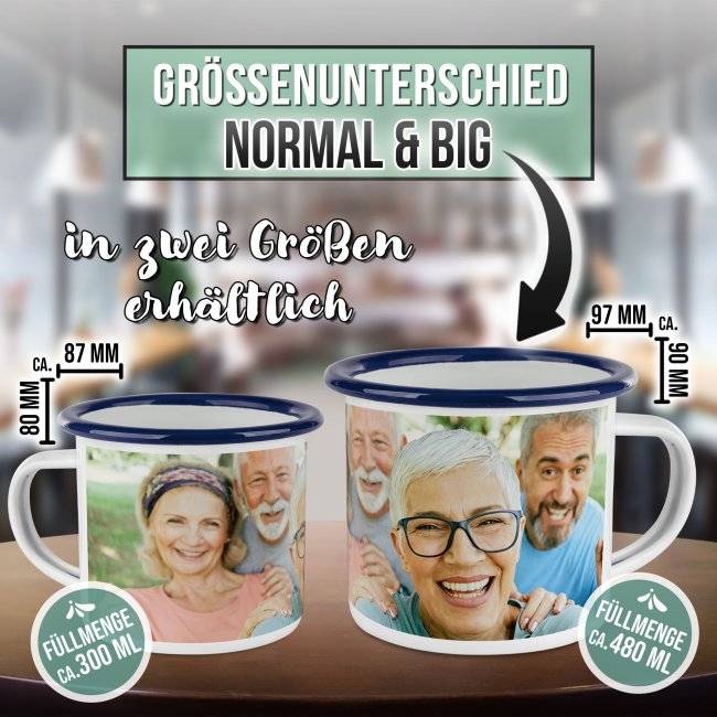 Tassendruck Große Emailletasse weiß Rand blau - 480 ml Sonderangebot der Fabrik