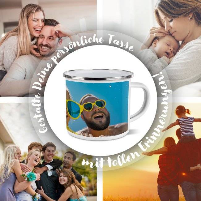 Tassendruck Große Emailletasse weiß Rand silber - 480 ml Vierteljährliche Förderung