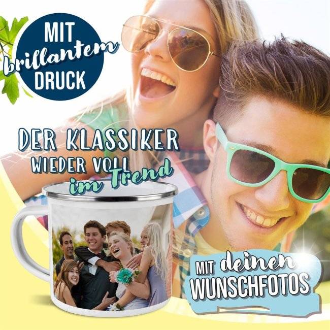 Tassendruck Große Emailletasse weiß Rand silber - 480 ml Vierteljährliche Förderung
