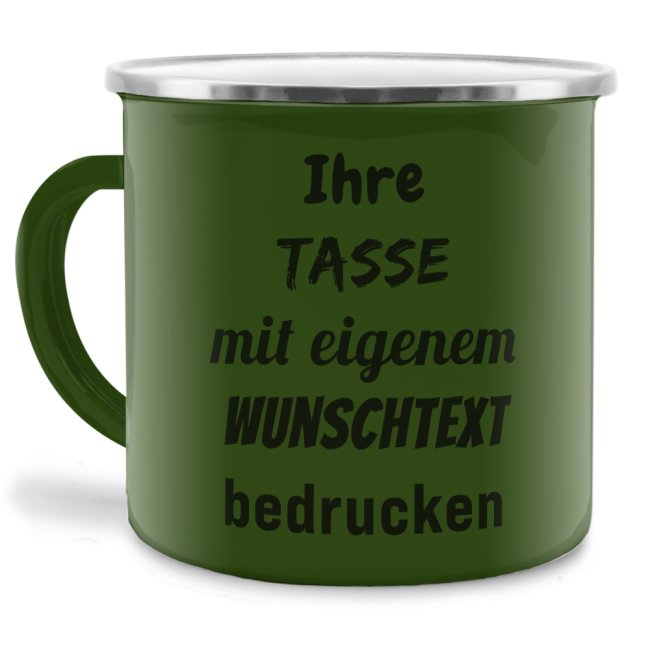 Tassendruck Emailletasse grün Rand silber