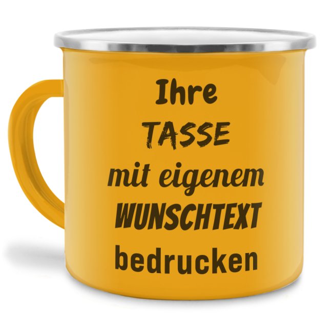 Tassendruck Emailletasse gelb Rand silber