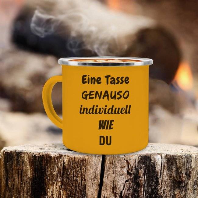 Tassendruck Emailletasse gelb Rand silber Discount Store für neue Produkte