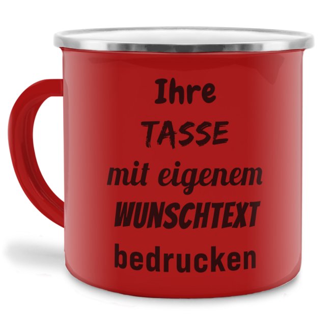 Tassendruck Emailletasse rot Rand silber