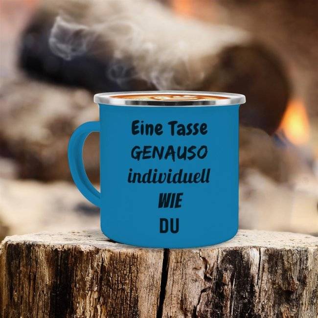 Tassendruck Emailletasse blau Rand silber 50% Rabatt mit kostenlosem Versand