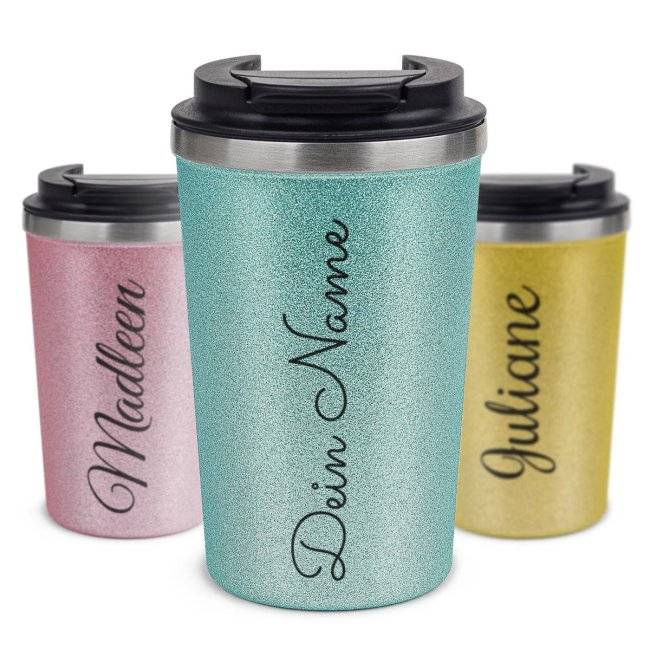 Tassendruck Glitzer-Edelstahlbecher mit Name selbst gestalten - 350 ml - in 4 Farben