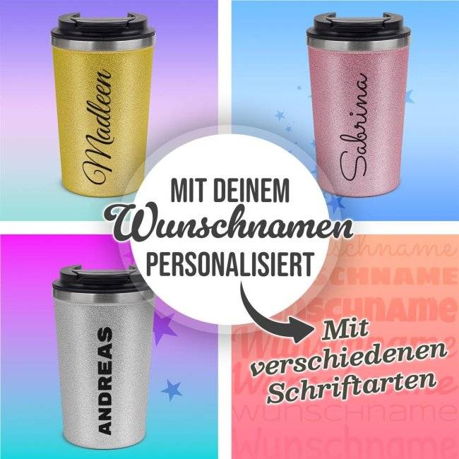 Tassendruck Glitzer-Edelstahlbecher mit Name selbst gestalten - 350 ml - in 4 Farben Cyber Monday