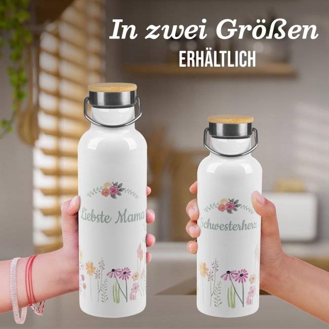 Tassendruck Trinkflasche mit Bambusdeckel - Wildblumen - mit Name - Weiß Muttertagsangebot