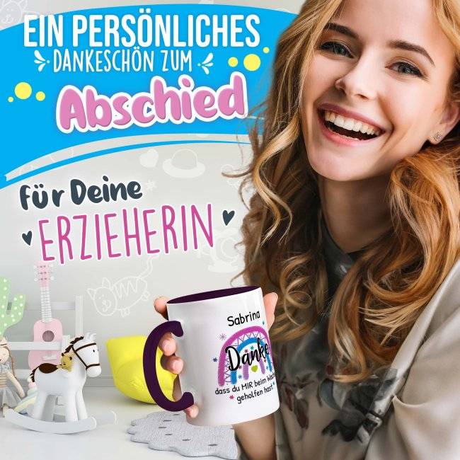 Tassendruck Erzieherin- - Danke, dass du mir beim Wachsen geholfen hast - Regenbogen Pink - mit Name Sonderangebot der Fabrik