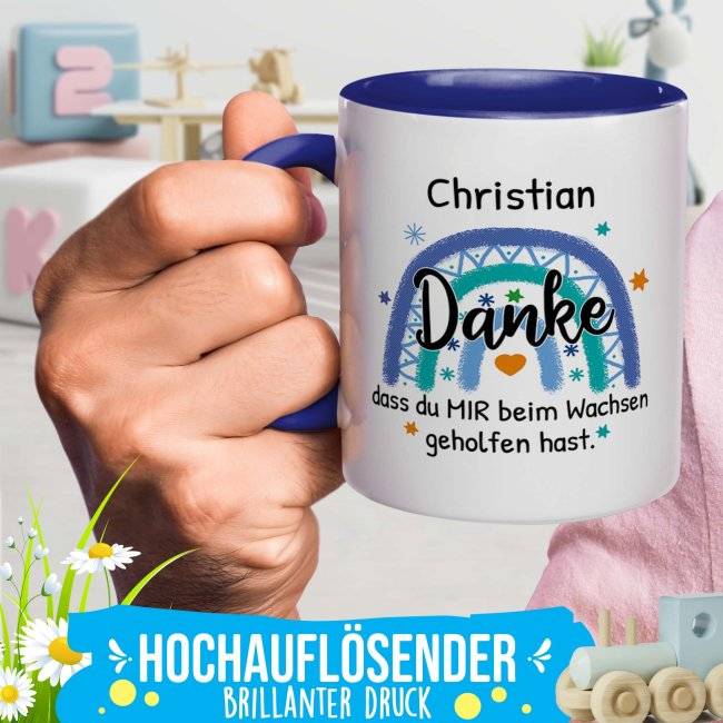 Tassendruck Namenstasse für Erzieher - Danke, dass du mir beim Wachsen geholfen hast - Regenbogen Blau Vierteljährliche Förderung