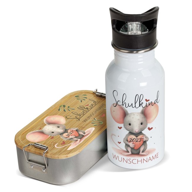 Tassendruck Geschenk-Set zur Einschulung - Trinkflasche & Brotdose - mit 5 süßen Tiermotiven zur Auswahl - mit Name und Jahreszahl personalisierbar