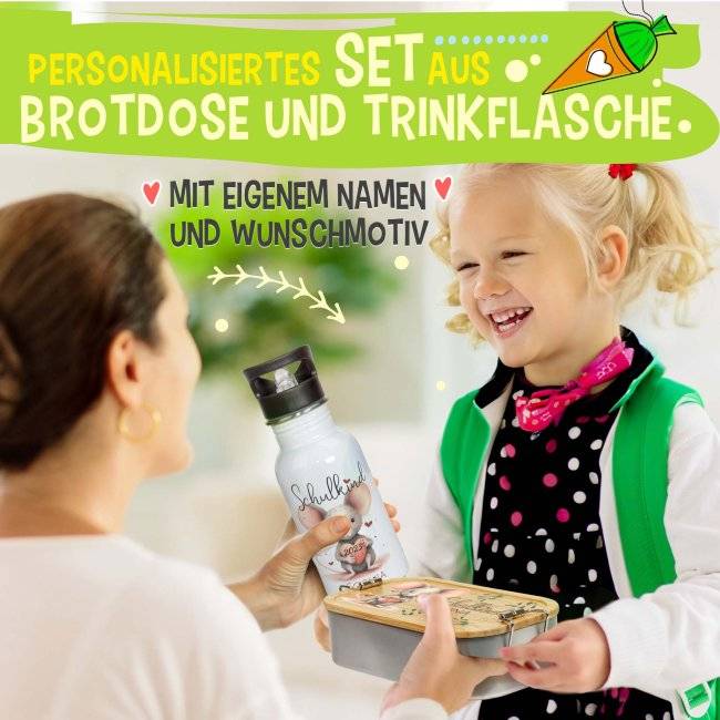 Tassendruck Geschenk-Set zur Einschulung - Trinkflasche & Brotdose - mit 5 süßen Tiermotiven zur Auswahl - mit Name und Jahreszahl personalisierbar Fabrikladen