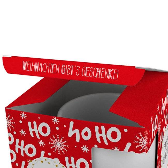 Tassendruck Geschenkverpackung für Tassen - Frohe Weihnachten - HO HO HO - rot Lagerräumung