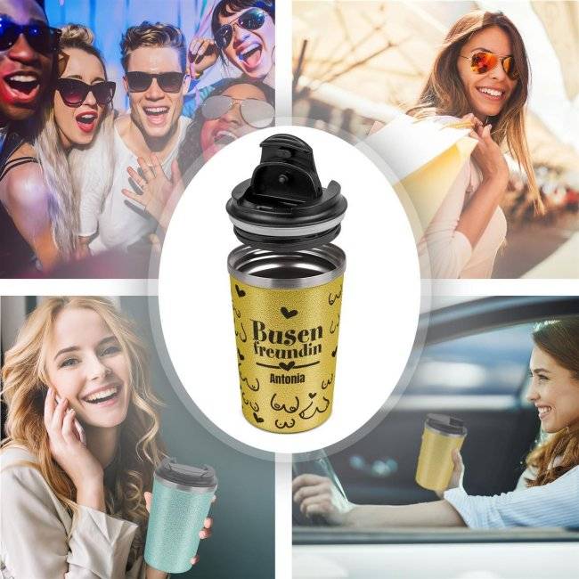 Tassendruck To Go Edelstahlbecher Glitzer - Busenfreundin - mit Name Große Rabatte