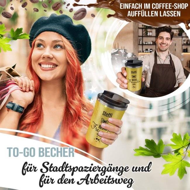 Tassendruck To-Go Edelstahlbecher Glitzer - Beste Freundin ever - mit Name Neuheiten